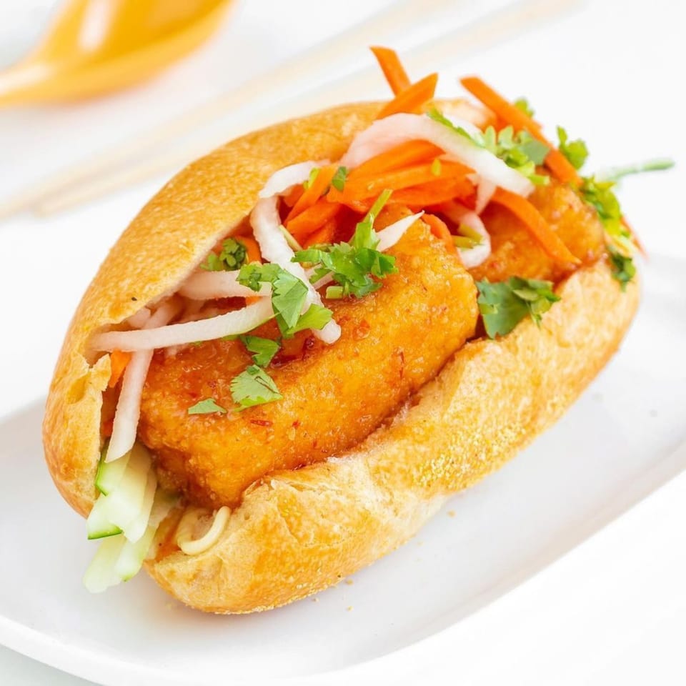 GoPho's crispy fried tofu banh mi with pickled carrots, daikon, cucumber, and cilantro.